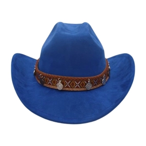 Detailed shot of ethnic braided band with silver coin charms on dark blue cowboy hat