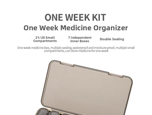 Detail of 21/28 compartment weekly pill organizer with double seals and high-quality PP material