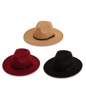 Classic burgundy, khaki and black felt fedora hats with leather belt buckle decor