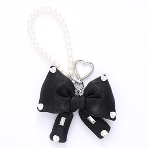 Elegant black satin bow keychain with sparkling rhinestones and white pearl chain strap