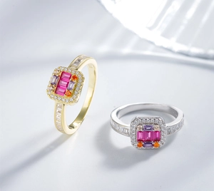 Macro shot of S925 silver rings with square halo design and purple center stones