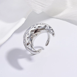 Vintage silver hammered meteorite texture crescent open ring in minimalist metal design