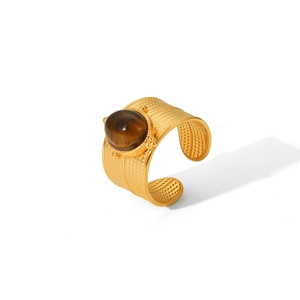 Retro 18K gold-plated stainless steel ring with brown tiger eye stone and textured band