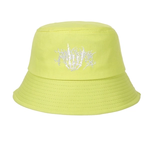Detailed embroidery of a skeleton hand on a lime green cotton canvas bucket hat