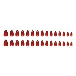 32 pieces of classic almond shaped solid red glossy press-on nails set on white background