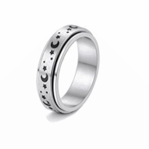 Bague anti-stress pivotante en acier inoxydable avec motif lune et étoiles couleur argent