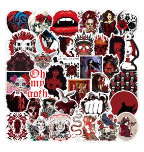 Detail of gothic punk stickers featuring skulls and hearts in black, white, and red tones