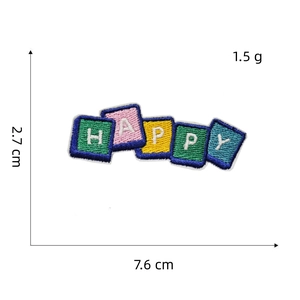 Detail view of HAPPY embroidered iron-on patch measuring 7.6x2.7cm for kids clothing