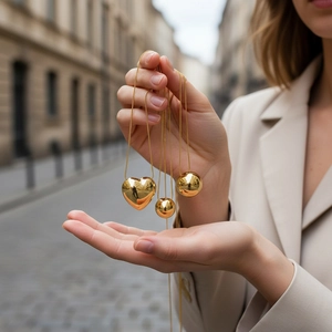 Close-up of gold-plated heart and sphere pendants on thin chains worn by a model