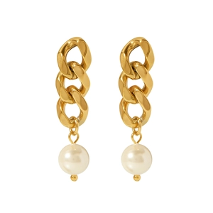 Elegant 18K gold stainless steel chain earrings featuring round white hanging pearls