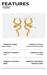 Size chart for gold snake earrings in stainless steel with 4.1cm height and 1.7cm width