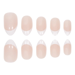 French tip almond fake nails with nude pink base and white tips, 10 piece set layout