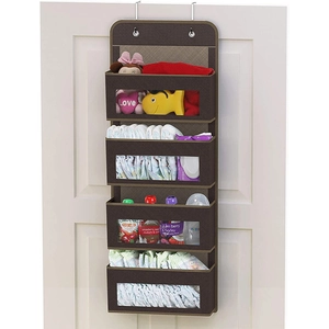 Wall-mounted brown storage organizer with 4 transparent windows for baby nursery