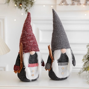 Lot de 2 gnomes de Noël rouges et gris en tricot avec accessoires de ski en bois
