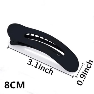 Detail showing 8cm/3.1inch measurements of a matte black duckbill hair clip on white background