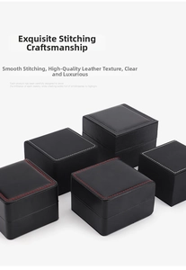 Detail of premium black PU leather watch boxes with elegant decorative stitching