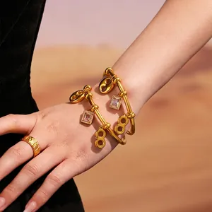 Stainless Steel Bangle Bracelet With 5A Square Zircon And Number 8 Geometric Charms Gold Plated Color Retention Jewelry