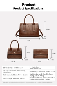 Detailed size chart for the crocodile pattern tote set including dimensions and weight info