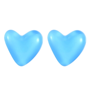 Detail view of heart-shaped earrings in vivid blue resin on a clean white background