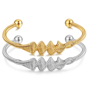 Stainless Steel Spiral Wrapped Open Bangle For Women Gold Silver Plated Thread Spring Bracelet With Ball Ends Fashion Jewelry