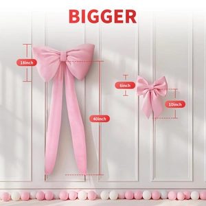 Detailed comparison of pink decorative bows showing sizes 40 inch and 10 inch for parties