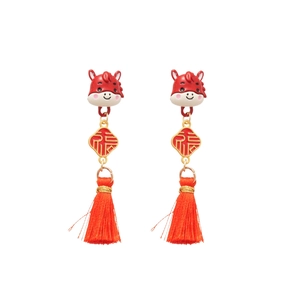 Chinese red tassel earrings with festive zodiac horse motif and fortune Fu character