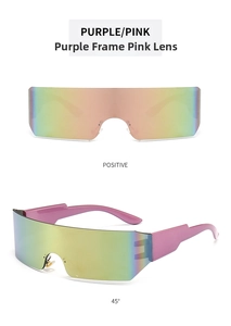 Futuristic one-piece UV400 sports sunglasses with purple frame and colorful pink-yellow lens