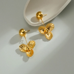 French retro 18k gold plated stainless steel three-petal flower tassel stud earrings