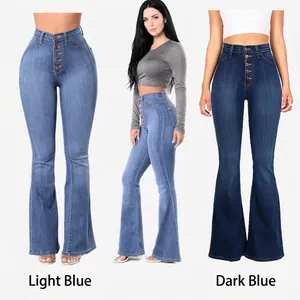 Women's high waisted butt lifting flare jeans with multi-button closure in blue shades
