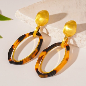 Retro Oval Resin Dangle Earrings With 925 Sterling Silver Earring Post Geometric Leopard Print Alloy Jewelry For Women