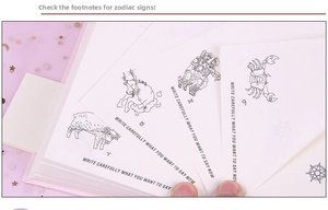 Detailed close-up of pink portable zodiac book pages featuring Aries and Taurus sketches