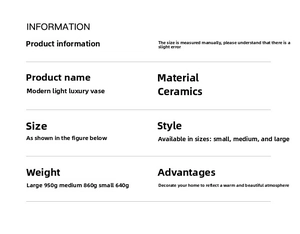 Detailed size and weight information chart for modern luxury gold ceramic vases
