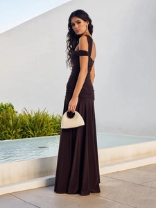 Elegant deep brown off-shoulder evening dress with pleated waist and side slit detail