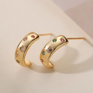 Mini 18K gold plated C-shaped stud earrings with colorful zircon stones for women