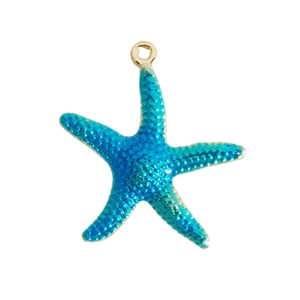 Blue enamel starfish pendant with gold-plated metal trim and texture for DIY jewelry