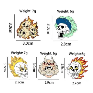 Set of 5 punk gothic flame skull enamel pins for jackets and hats made of zinc alloy