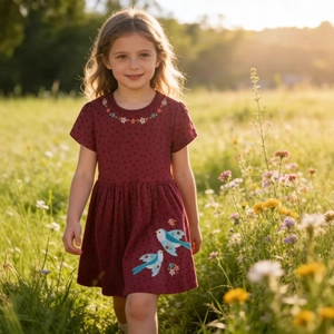 Abito In Cotone A Maniche Corte Per Bambine Girocollo Ricamo Floreale Applicazione Uccello Simpatica Principessa Estate Linea A