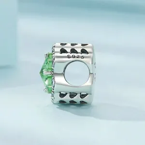 Classic S925 sterling silver four-leaf clover charm bead with green square gemstone