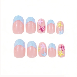 Detailed view of oval jelly press-on nails with blue French tips and colorful starfish stars