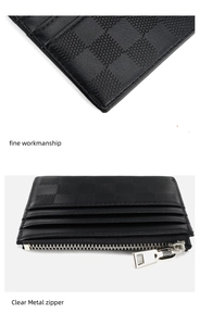 Detail view of ultra-thin black leather card holder with checkered texture and metal zipper