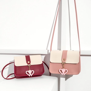 Women Korean Style PU Leather Mobile Phone Bag Color Block Small Square Shoulder Bag With Heart Pendant Casual Crossbody Bag