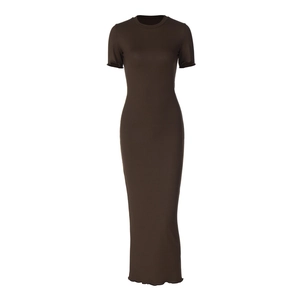 Brown slim fit crewneck long dress in ribbed knit fabric with elegant back tie detail