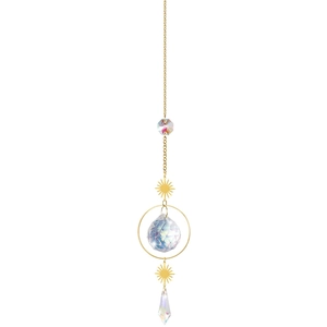 Gouden zonnevanger met kristallen prismabal en zon-bedeltjes aan een metalen ketting