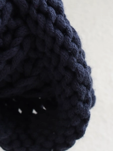 Close-up of navy blue heavy-knit texture showing thick yarn weave on this warm cardigan