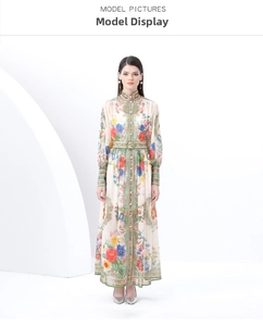 Close-up of the vintage floral dress showing stand collar and lantern sleeves details