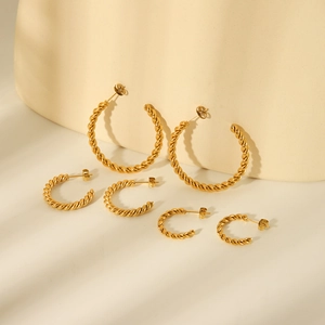 Three pairs of twisted rope 18K gold plated stainless steel C-shaped hoop earrings