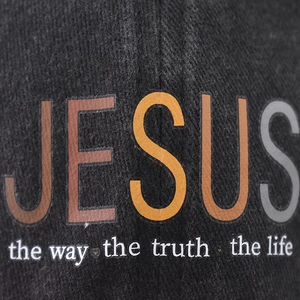 Washed cotton JESUS baseball cap featuring colorful embroidery and religious text detail