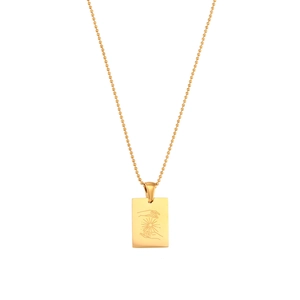 18K gold plated stainless steel rectangle pendant necklace with sun hand engraving