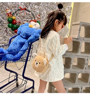 Detail view of brown plush bear crossbody bag showing lamb wool texture and embroidery