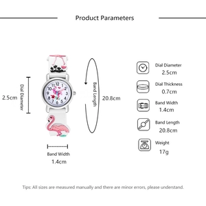 Detailed technical diagram showing dimensions of kids flamingo quartz watch with rainbow strap